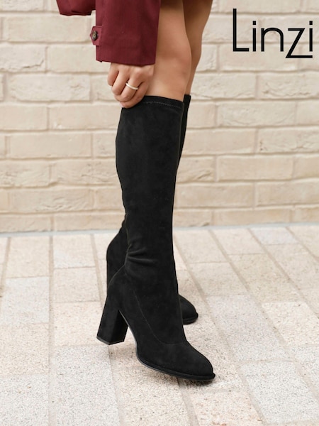 Linzi Black Kylie Stretch High Leg Block Heeled Boots (Q68729) | €79