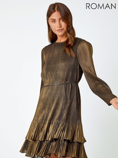 Roman Metallic Plisse Shimmer Tiered Mini Dress (Q68770) | €38