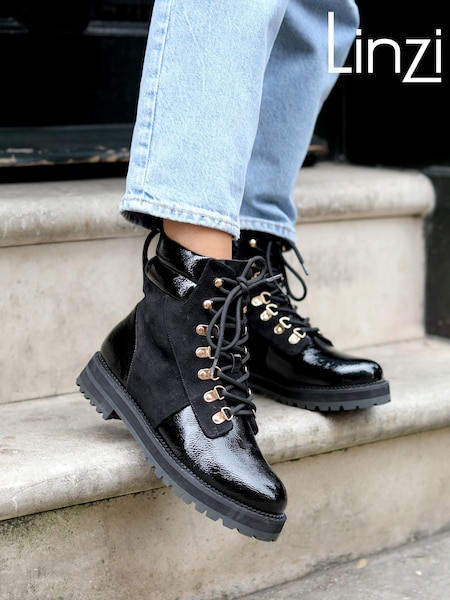 Linzi Black Astrid Military Boots With Shearling Detail and Gold Eyelets (Q68786) | ₪211