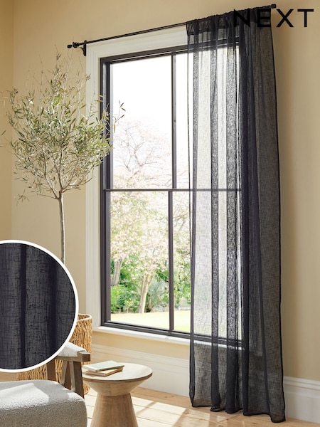 Black Linen Look Slot Top Voile Unlined Sheer Panel Curtain (Q68796) | €33 - €43