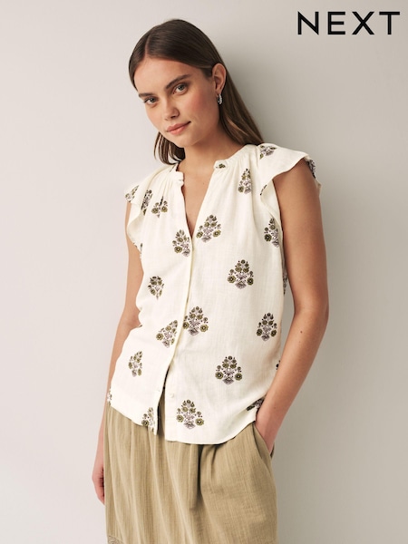 Ecru Cream Linen Blend Button Down Relaxed Sleeve Printed Top (Q68824) | €7