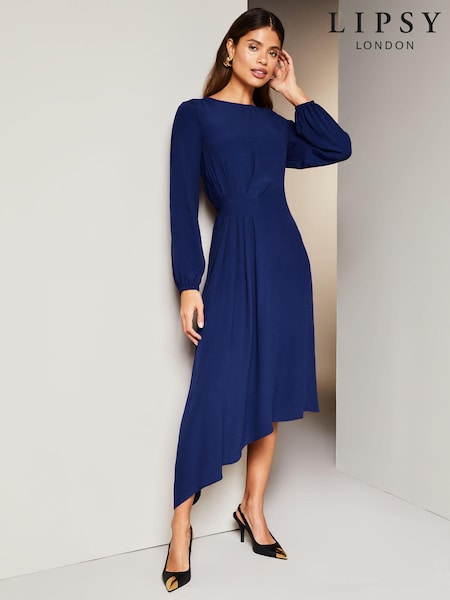 Lipsy Navy Blue Long Sleeve Asymmetric Pleated Midi Dress (Q68835) | € 15