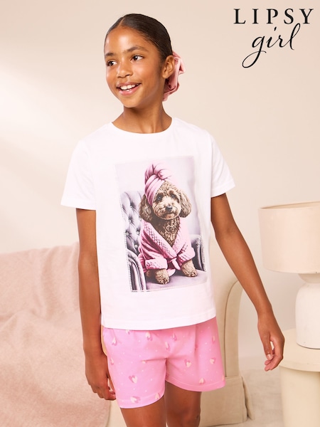 White/Pink Dog - Lipsy Jersey Short Pyjamas Set (5-16yrs)