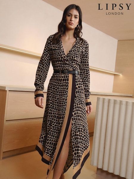 Lipsy Camel Long Sleeve Wrap Belted Midi Shirt Dress (Q68866) | €34