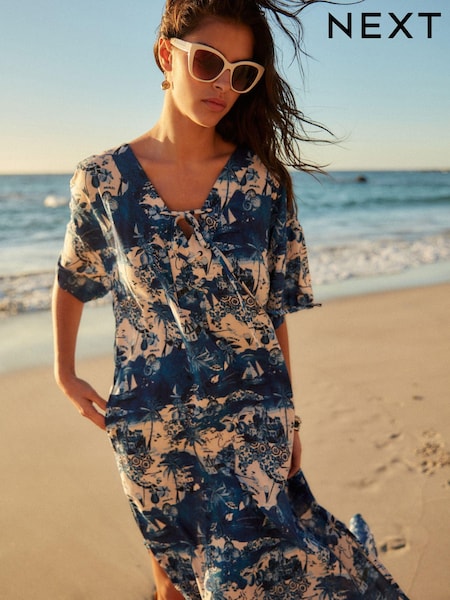Blue/White Summer Maxi Kaftan Dress With Linen (Q68877) | €7