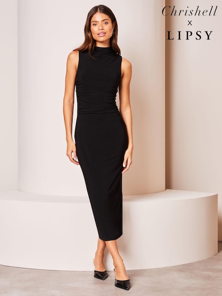 Lipsy Black Sleeveless Sculpted High Neck Slinky Midi Dress (Q69114) | €12