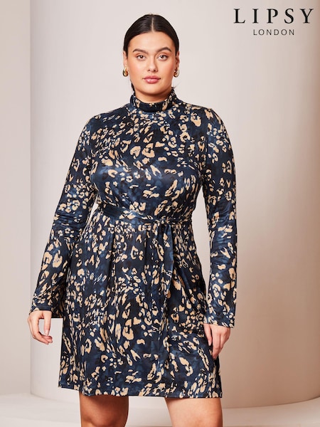 Lipsy Navy Blue Petite Jersey Tie Waist High Neck Long Sleeve Shift Mini Dress (Q69132) | €22