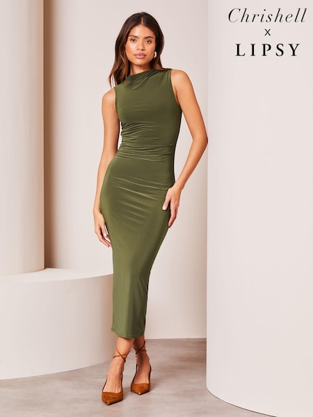 Хаки - Lipsy Sleeveless Sculpted High Neck Slinky Midi Dress (Q69134) | €13