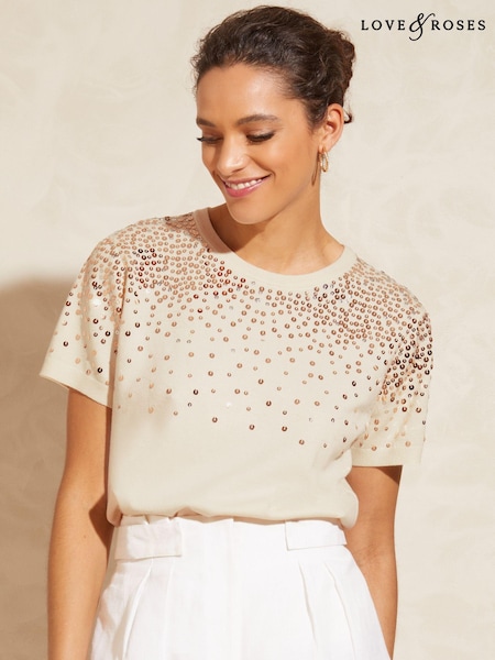 Fildeș alb - Love & Roses Mânecă scurtă Paiete Knited Top (Q69150) | 139 LEI