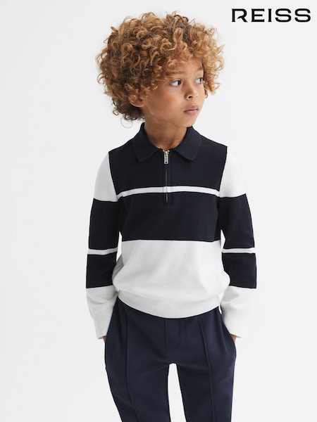 Bleumarin/Alb - Tricou polo Reiss Tokyo cu blocuri de culoare și fermoar pe jumătate (Q69181) | 363 LEI