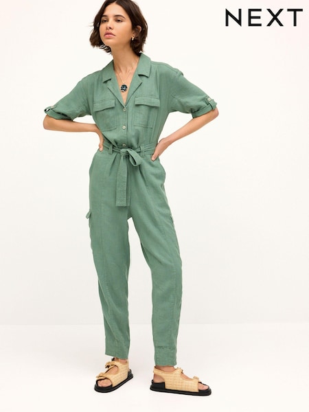 Khaki Green Linen Blend Utility Cargo Belted Jumpsuit (Q69182) | €26