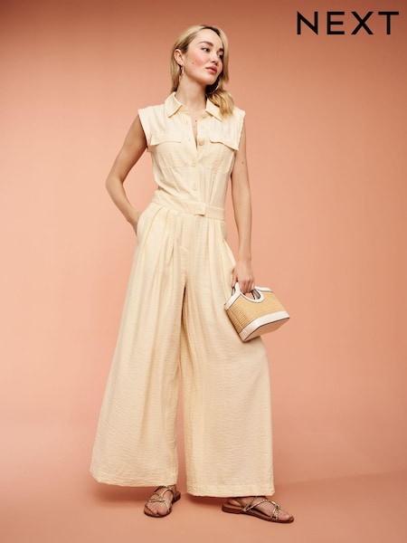 Cream - Button Front Textured Wide Leg Jumpsuit (Q69223) | 182 LEI