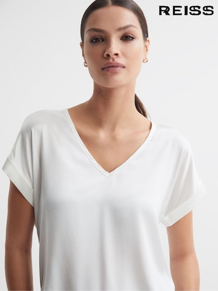 Reiss Ivory Natalia Silk-Front V-Neck T-Shirt (Q69236) | €85