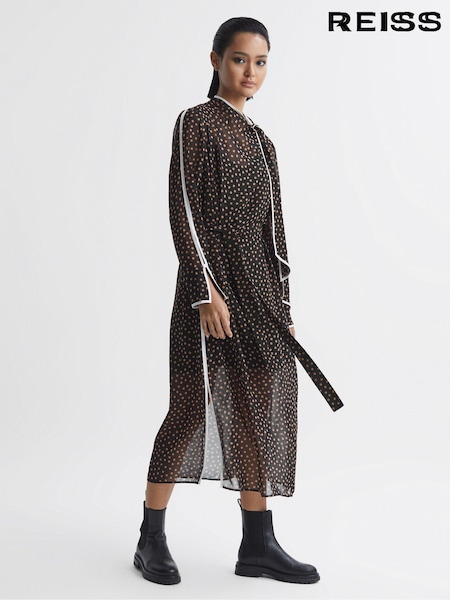 Reiss Black/Brown Aria Polka Dot Tie Neck Midi Dress (Q69254) | €95