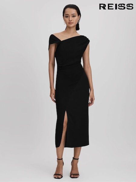 Reiss Black Miller Asymmetric Bodycon Midi Dress (Q69264) | €349