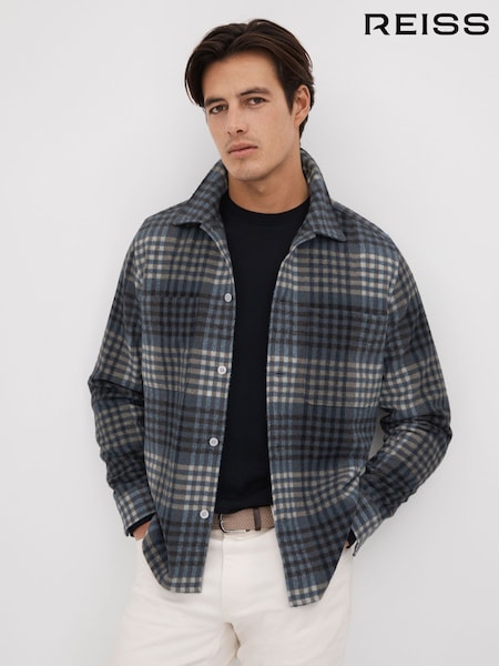 Reiss Blue Multi Duranti Brushed Check Button-Through Overshirt (Q69269) | €180