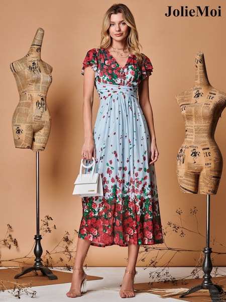 Jolie Moi Blue Symmetrical Floral Print Mesh Maxi Dress (Q69282) | €39