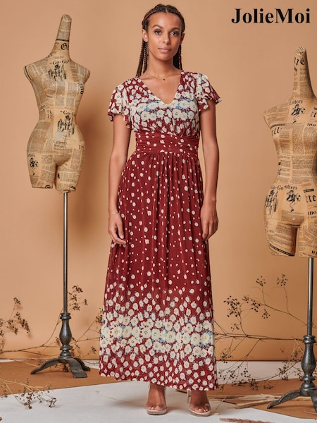 Jolie Moi Red Carlii Symmetrical Print Mesh Maxi Dress (Q69289) | €31