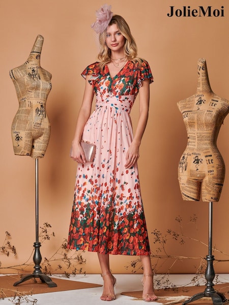 Jolie Moi Pink Symmetrical Floral Print Mesh Maxi Dress (Q69290) | €60