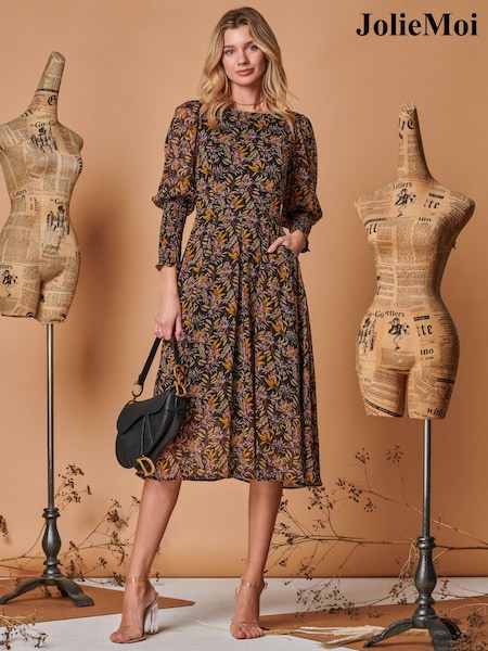 Schwarz - Jolie Moi Chiffon Midi Dress with Shirred Cuffs (Q69291) | 58 €