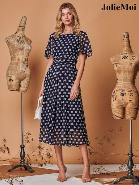 Albastru bleumarin cu buline - Jolie Moi Angel Sleeve Metalic Chiffon Midi Rochie (Q69298) | 243 LEI