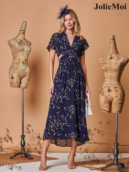 Jolie Moi Navy Blue Plunge Neckline Keyhole Chiffon Maxi Dress (Q69324) | 185 QAR