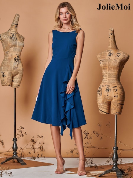 Albastru - Rochie midi cu detaliu Evazat Volane Jolie Moi Fit &Jolie Moi (Q69325) | 243 LEI