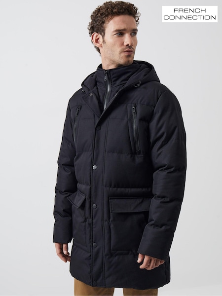 French Connection Black Long Length Row Parka Coat With Inner Collar Detail (Q69765) | ₪453