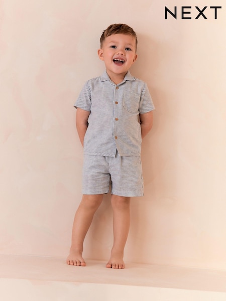 مقلم أزرق/أبيض - Button Down Short Woven Pyjamas With Linen (9mths-8yrs) (Q69793) | ‏40 د.إ.‏ - ‏ 51‏ د.إ.