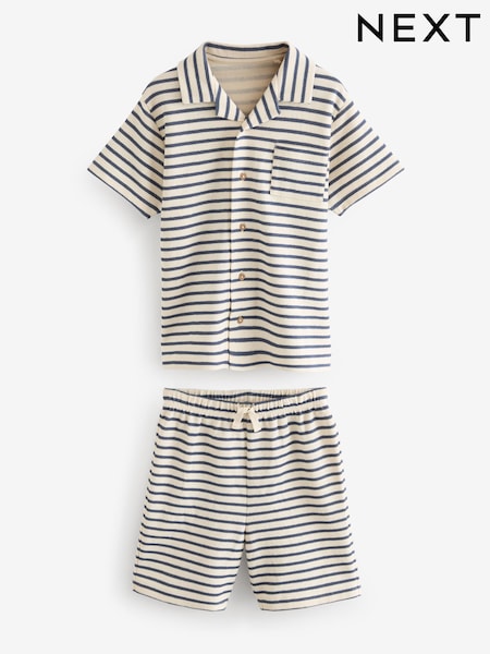 Neutral/Navy Stripe Single Textured Button Down Pyjamas (3-16yrs) (Q69846) | €7.50 - €10.50
