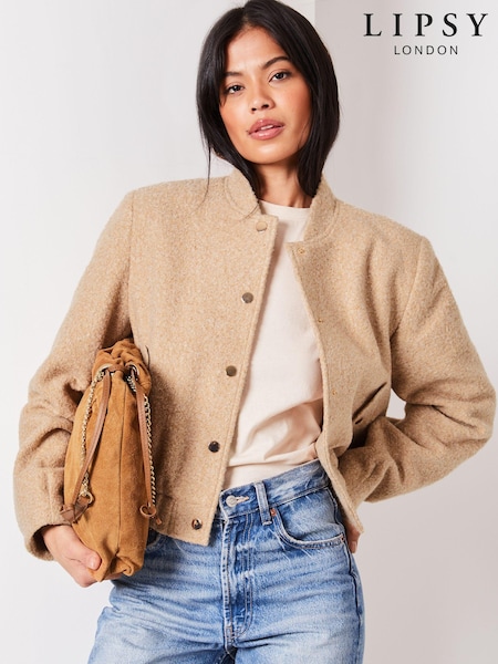 Lumina camel - Jachetă din tricot boucle pieptănat model aviator Lipsy (Q69862) | 235 LEI