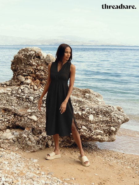 Threadbare Black Linen Blend V-Neck Sleeveless Ruched Midi Dress (Q69888) | €17.50
