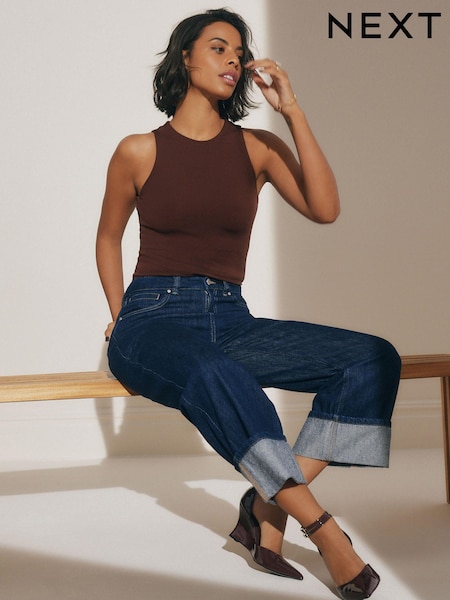 Cropped Turn Up Wide Leg 100% Cotton Jeans (Q69975) | 151 LEI
