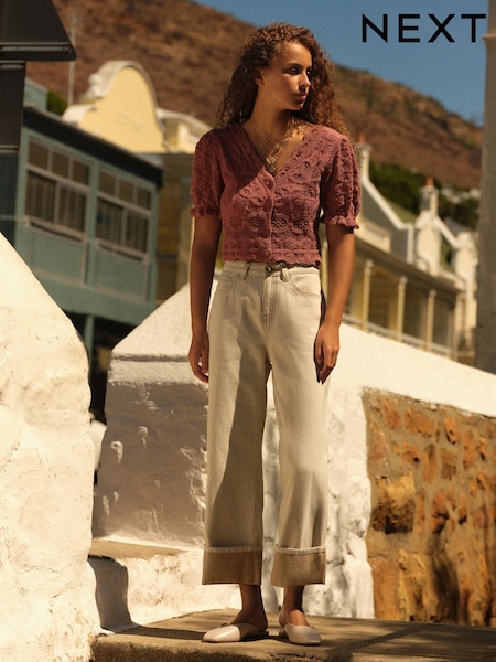 Бежевый/белый - Cropped Turn Up Wide Leg 100% Cotton Jeans (Q69989) | €21