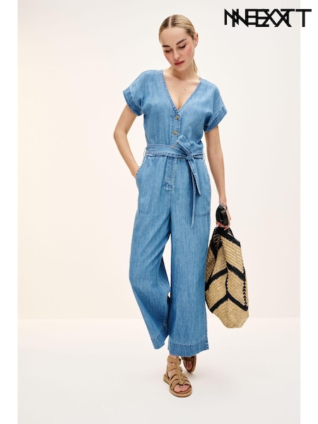 Mid Blue Lightweight Denim Wide Leg Belted Jumpsuit (Q70015) | €23