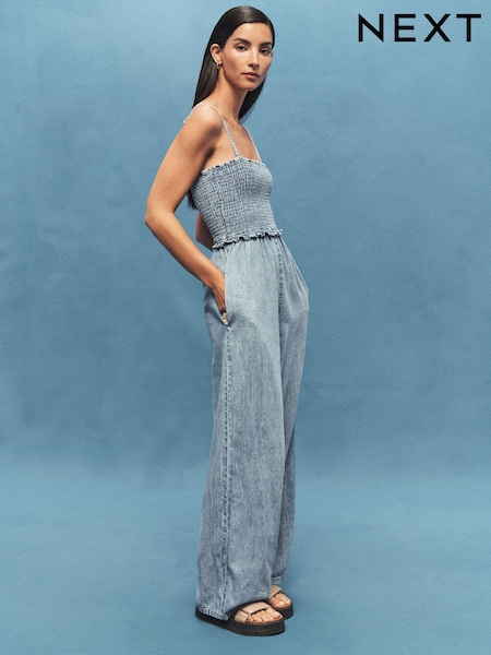 Bleach Denim Cotton Rich Shirred Wide Leg Jumpsuit (Q70016) | € 18