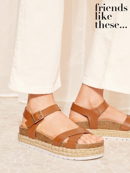 Friends Like These Brown Wide FIt Cross Strap Faux Leather Flatform Sandal (Q70069) | €20