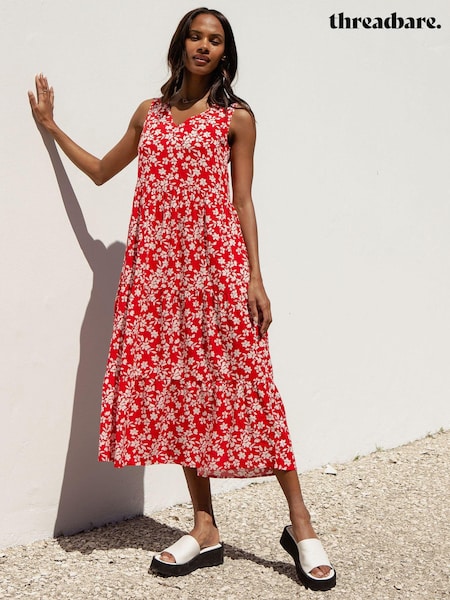 Threadbare Red Sleeveless V-Neck Tiered Midi Dress (Q70290) | €20