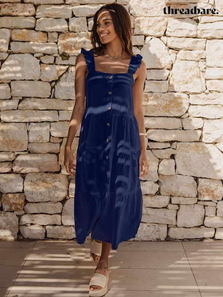 Threadbare Blue Linen Blend Tiered Midi Dress (Q70338) | €24