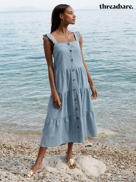 Blau - Threadbare 100% Cotton Linen Blend Tiered Midi Dress (Q70339) | 29 €