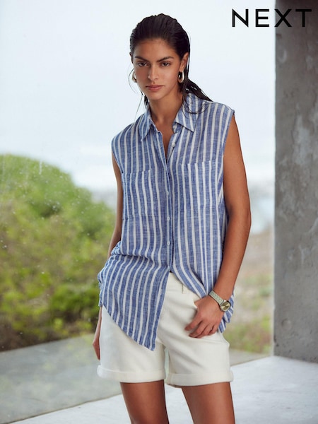 Blue/White Stripe Sleeveless Ruched Side Linen Blend Shirt (Q70464) | €13