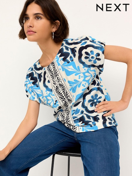 Blue/Navy Tile Print Gathered Short Sleeve Textured Boxy T-Shirt (Q70489) | AED20