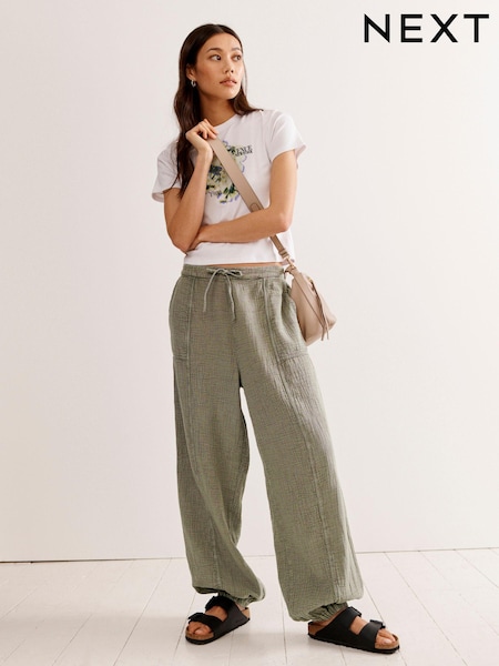Khaki Green Textured Cotton Pull On Trousers (Q70493) | €14