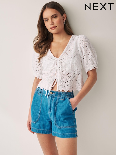 White Short Sleeve Broderie Tie Front Top (Q70524) | €17.50