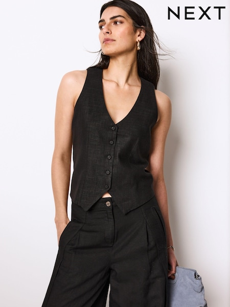 Black Linen Blend Summer Waistcoat (Q70529) | €11