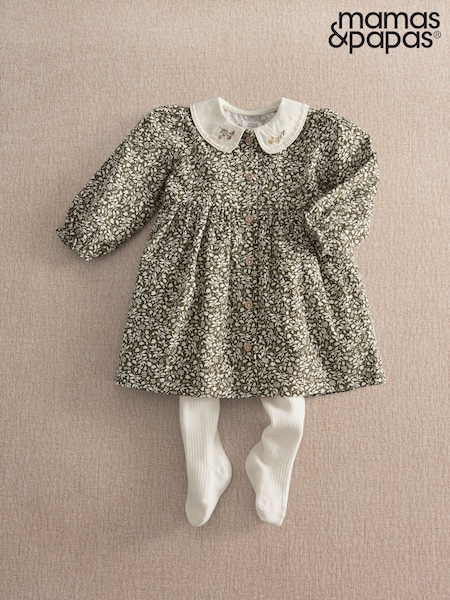 Green - Mamas & Papas Leaf Print Dress & Tights Set