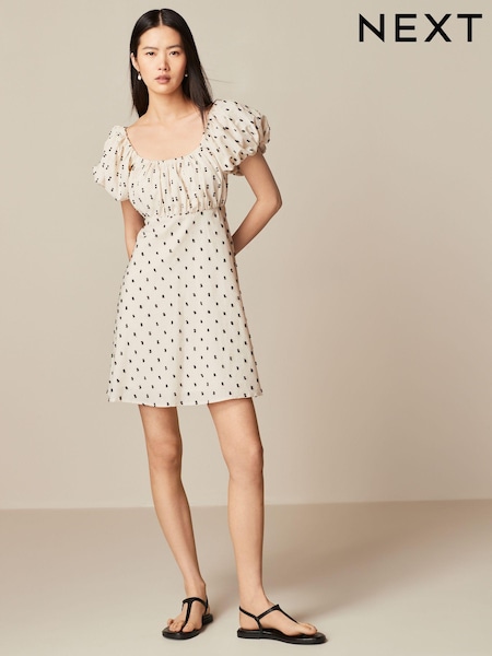 Buline polka neutre/Negru - Rochie mini cu fronseuri pe față și mânecă bufantă (Q70650) | 151 LEI