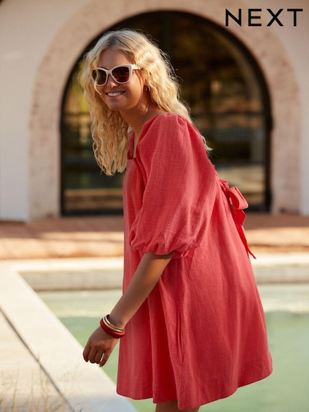 Coral Pink Linen Blend Puff Sleeve Mini Dress (Q70651) | €29