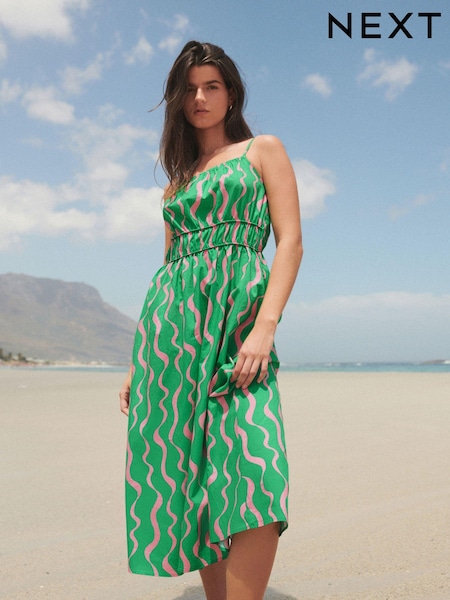 Green Print 100% Cotton Strappy Midi Dress (Q70681) | €9
