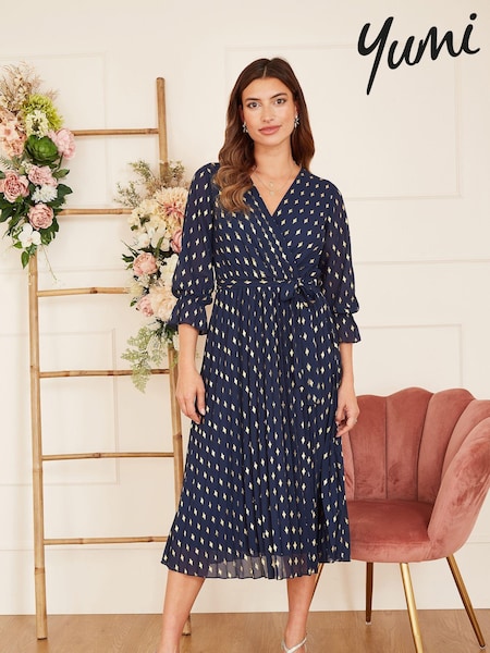 Sininen - Yumi Foil Printed Pleated Wrap Midi Dress (Q70716) | €87